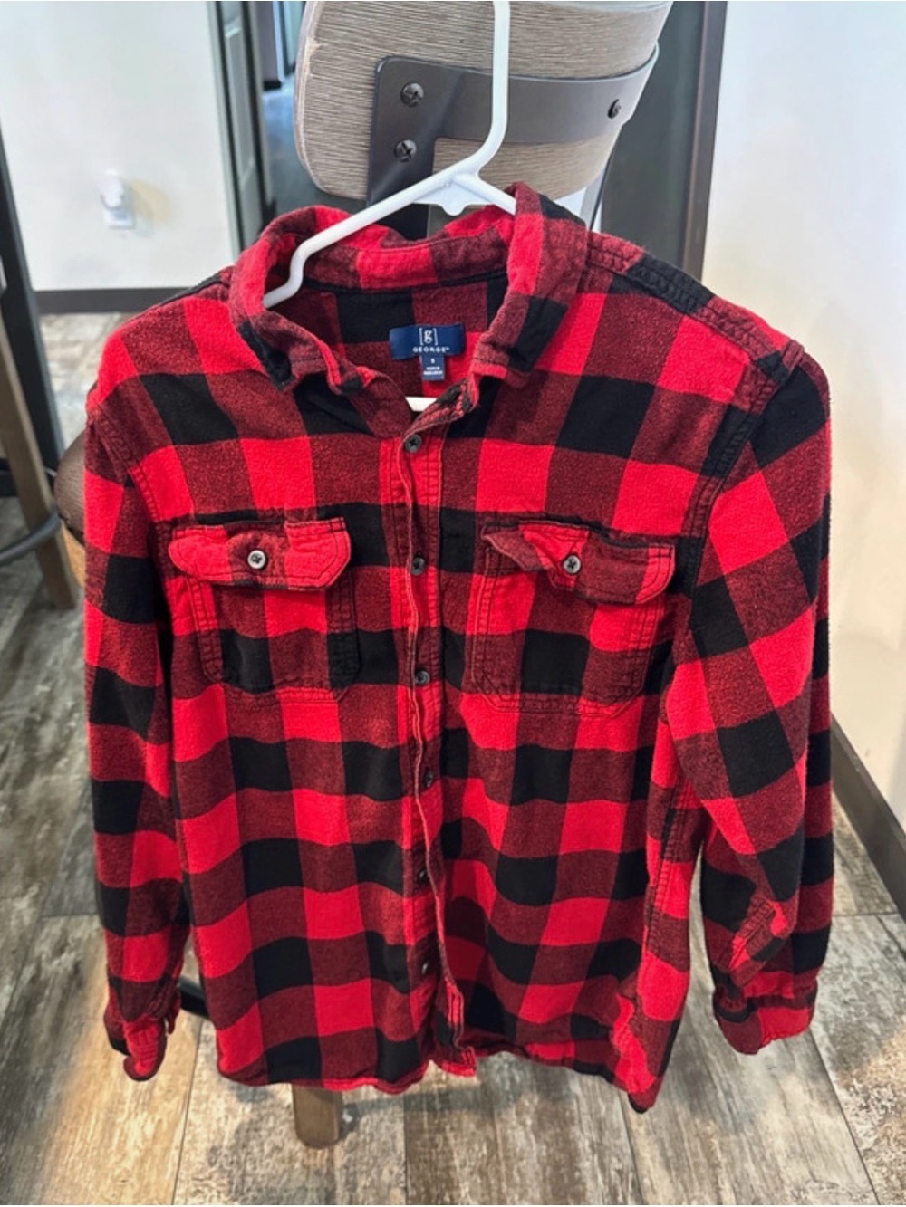 Adult Small Red and Black Buffalo Plaid Button-Up Shirt